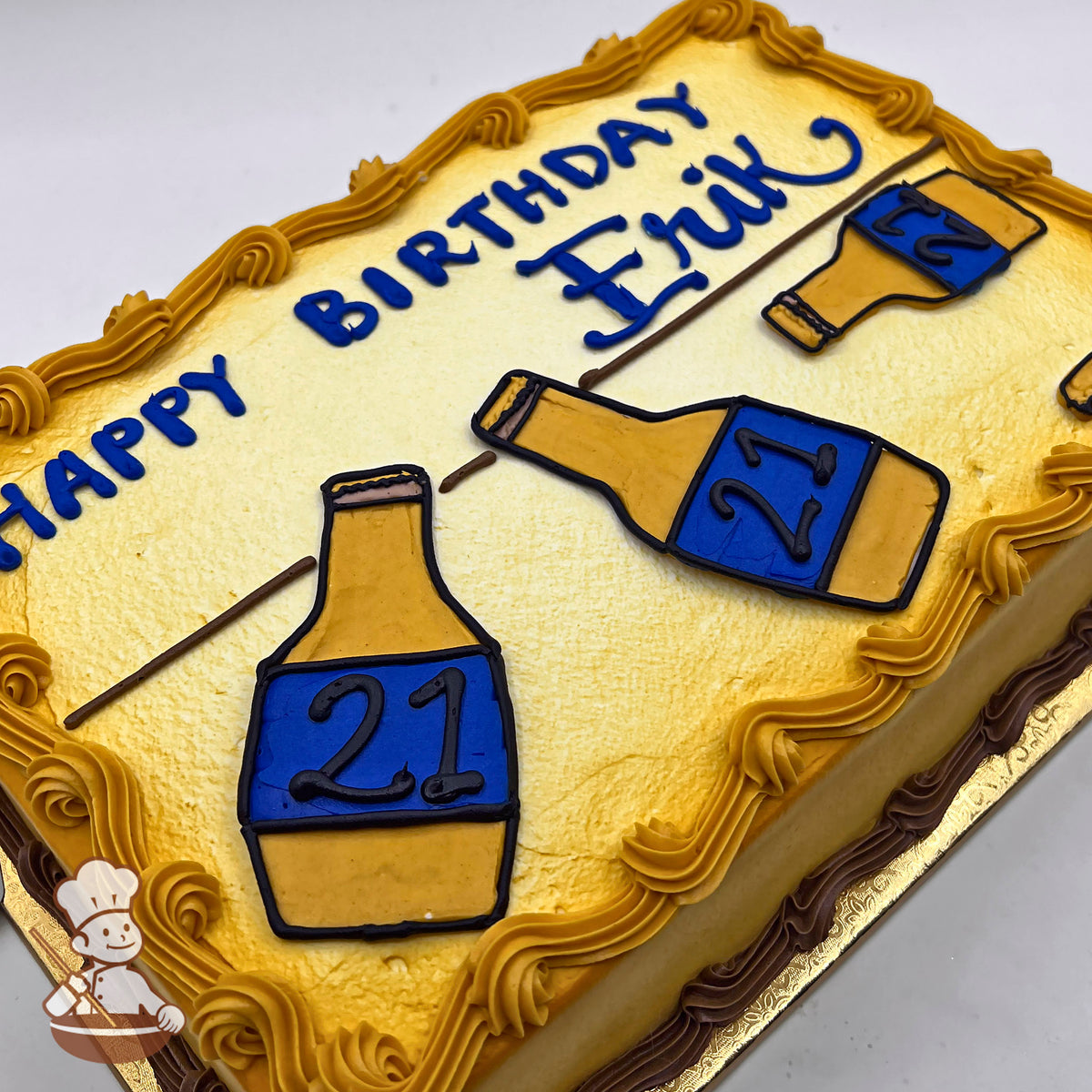 Yellow sheet cake with brown buttercream borders, decorated with beer bottle designs outlined in black, featuring blue labels with the number "21."