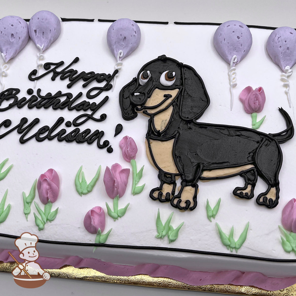 Sheet cake with a buttercream Dachshund dog, purple balloons, and pink tulip decorations.