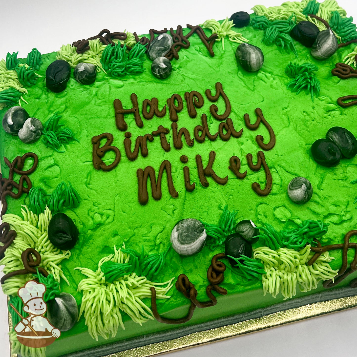 Sheet cake with bright green icing, hand-piped grass in varying shades of green, scattered gray and black buttercream rocks, and brown vine details.