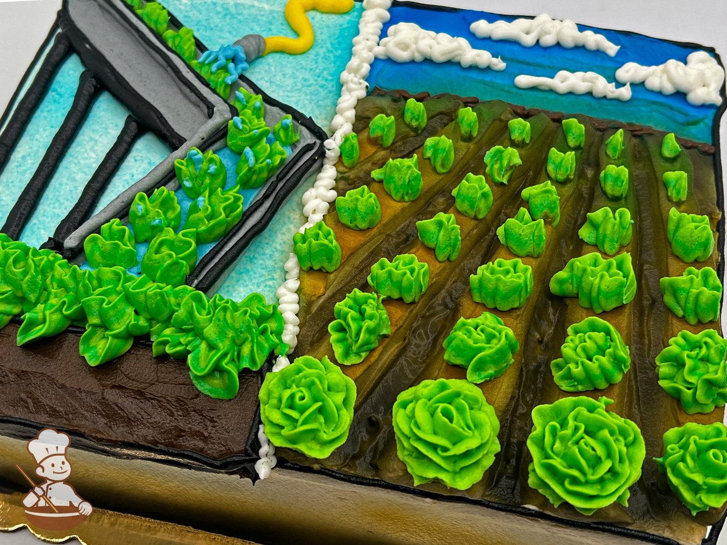 Sheet cake with buttercream decorations depicting a lettuce field, rows of green lettuce heads, a water hose, a washing machine, and a blue sky with white clouds.