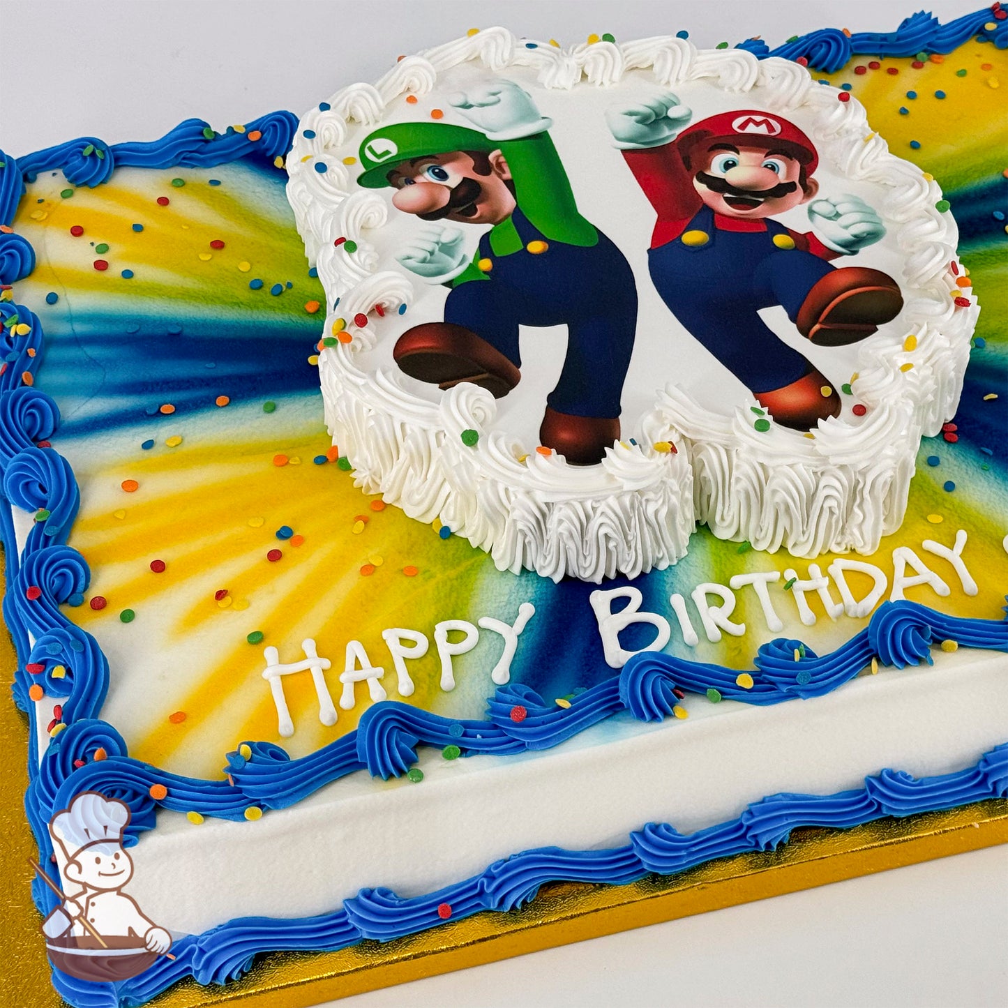 Sheet cake with Mario and Luigi cutout, surrounded by white buttercream. Blue and yellow background with blue border and colorful sprinkles.