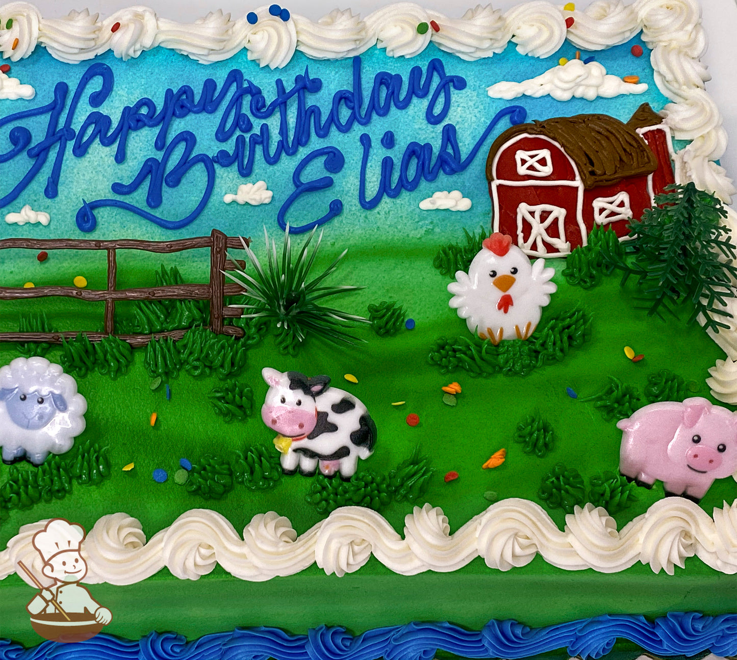 Sheet cake with buttercream barn, grass, plastic cow, pig, sheep, chicken, fence, and trees. Decorated with colorful sprinkles and white icing border.
