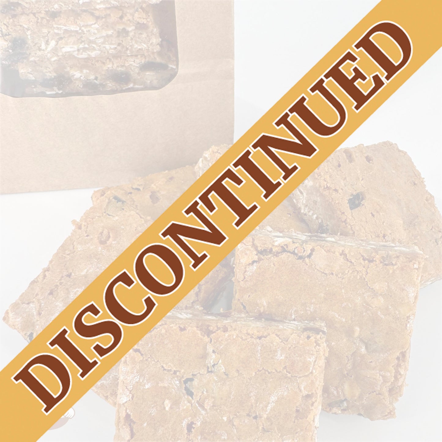 Six oatmeal raisin blondies with a golden-brown top and moist, chewy texture are displayed in front of a kraft window bag.