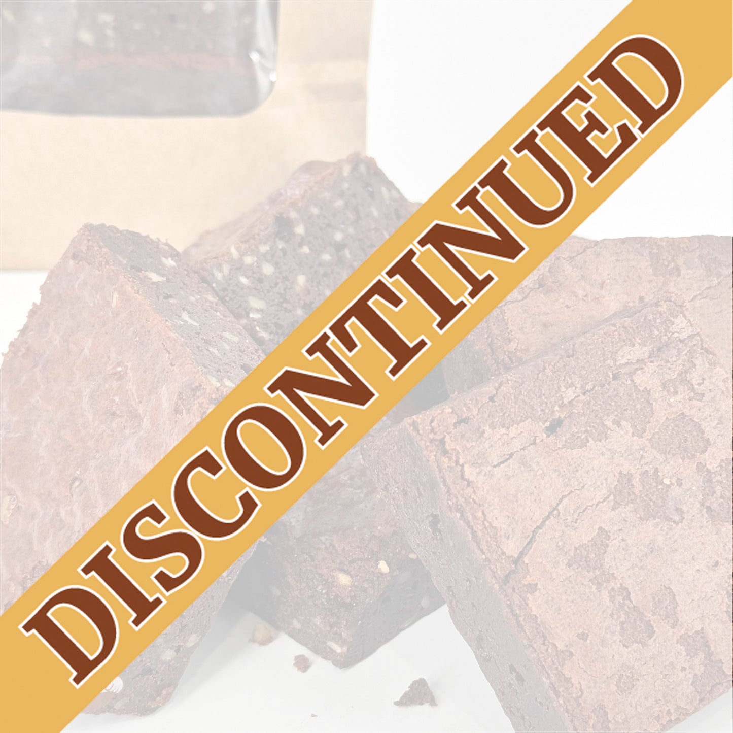 Three Belgian chocolate brownies and three Belgian chocolate brownies with walnuts are arranged together in front of a kraft window bag.