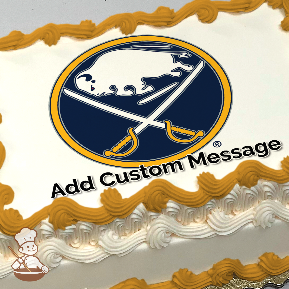 Illustration of the Buffalo Sabres hockey team logo with crossed swords and a buffalo, on a navy blue background, printed on a sheet cake.