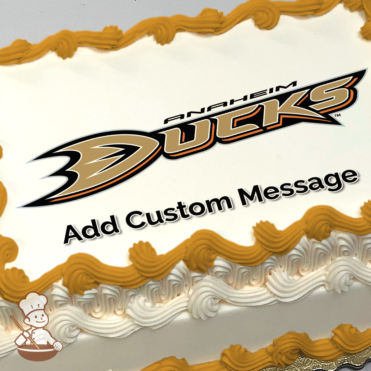 Anaheim Ducks logo with a stylized duck footprint and hockey stick, with a placeholder for a custom message, printed on a sheet cake.