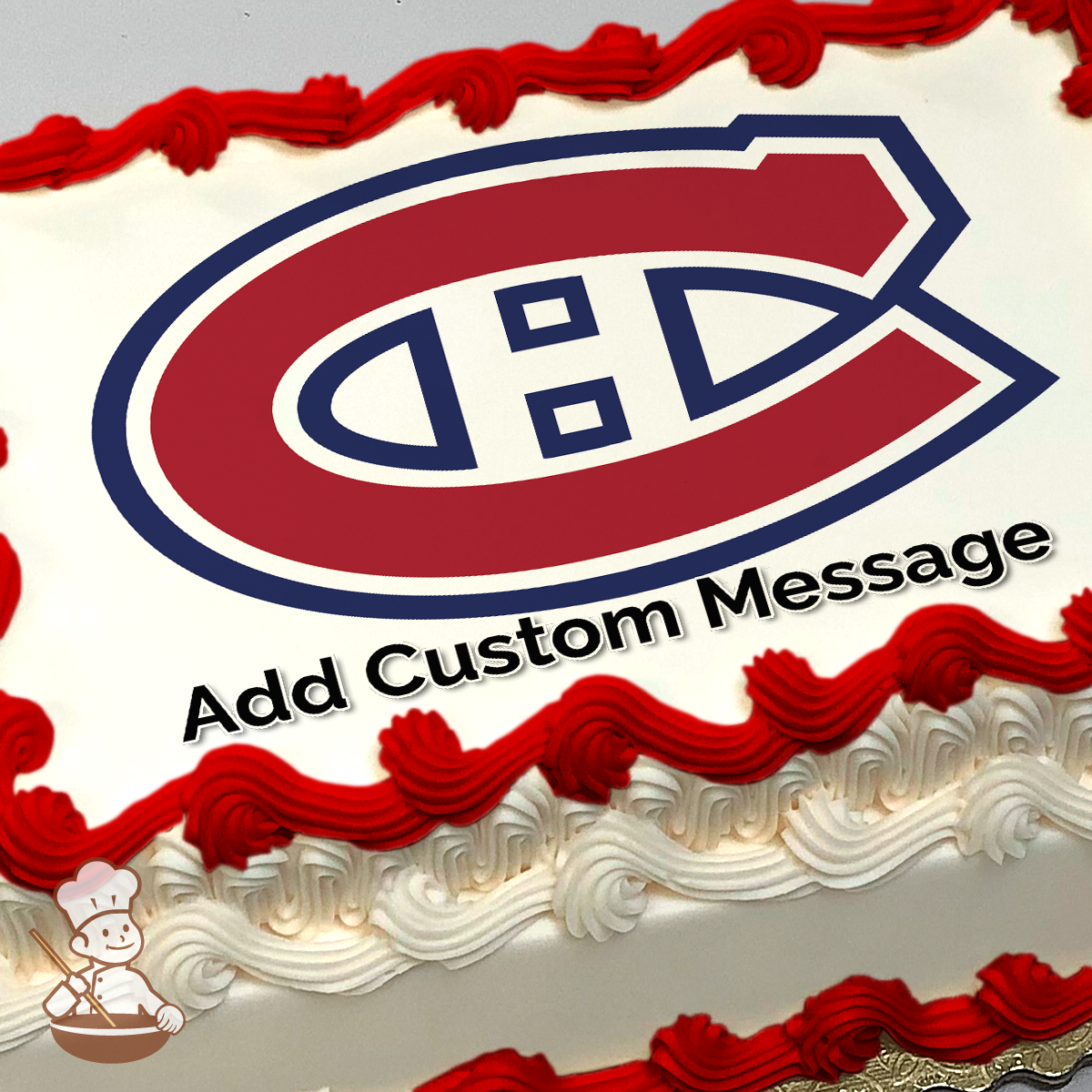 Logo of the Montreal Canadiens hockey team with a red, white, and blue emblem printed on a sheet cake.