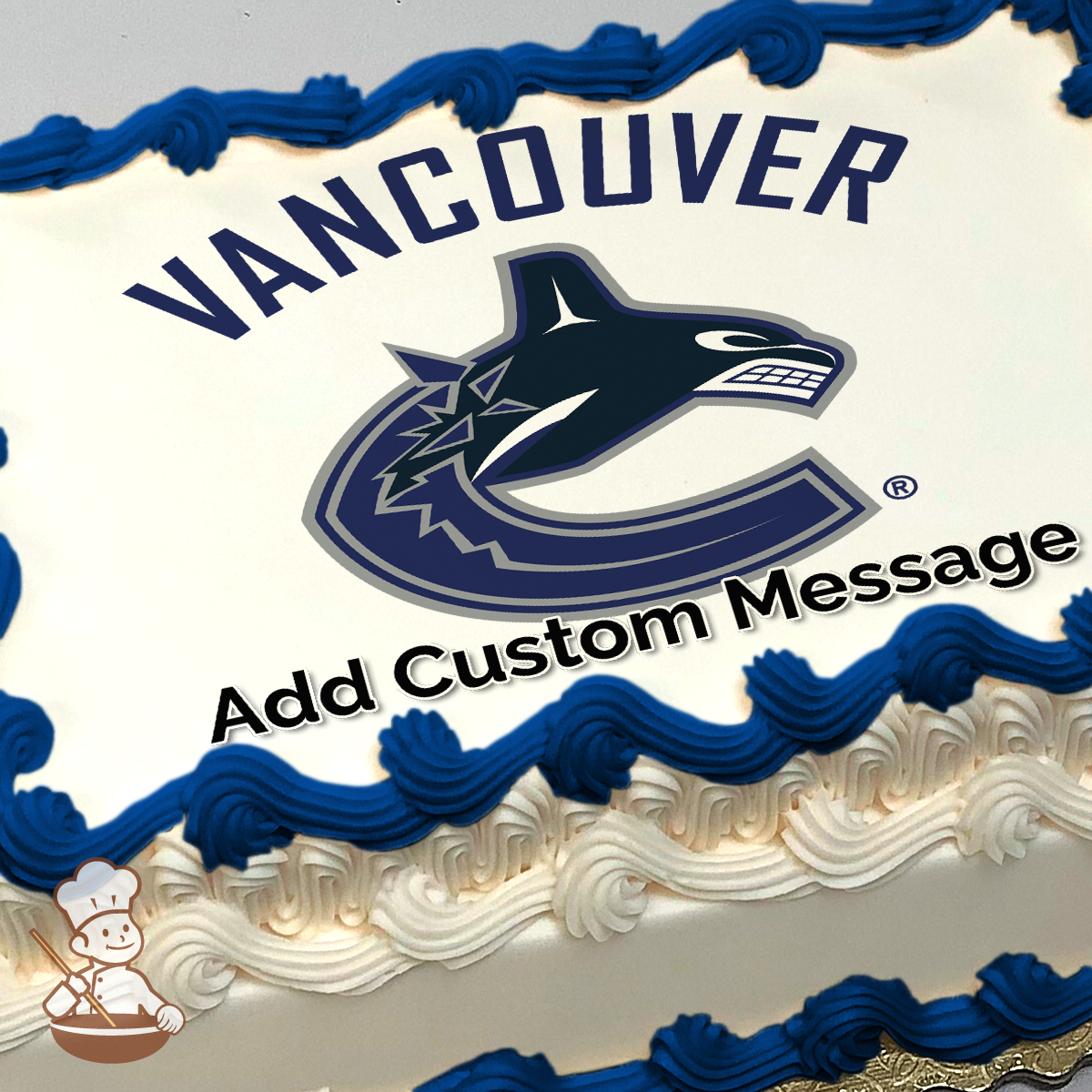 Vancouver Canucks logo with an orca whale breaking out of ice, forming a stylized "C," printed on a sheet cake.