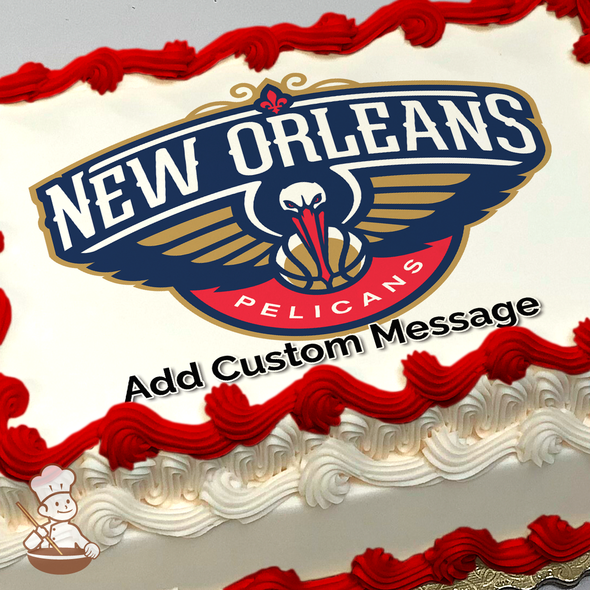 New Orleans Pelicans logo with a pelican and wings against a white background, printed on a sheet cake.