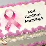 Pink Breast Cancer Awareness ribbon with 'Hope' text on a subtle heart-patterned background, printed on a sheet cake.