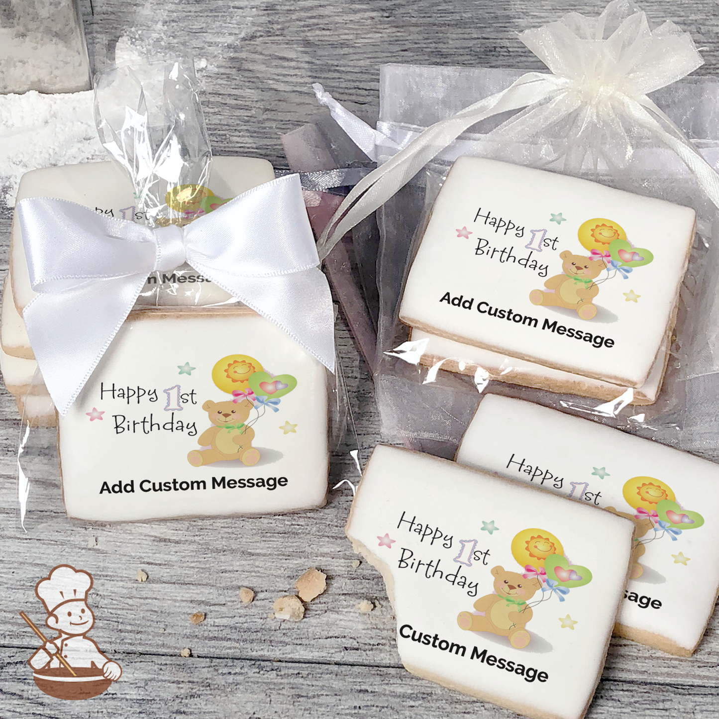 1st Birthday Bear Custom Message Cookies (Rectangle)