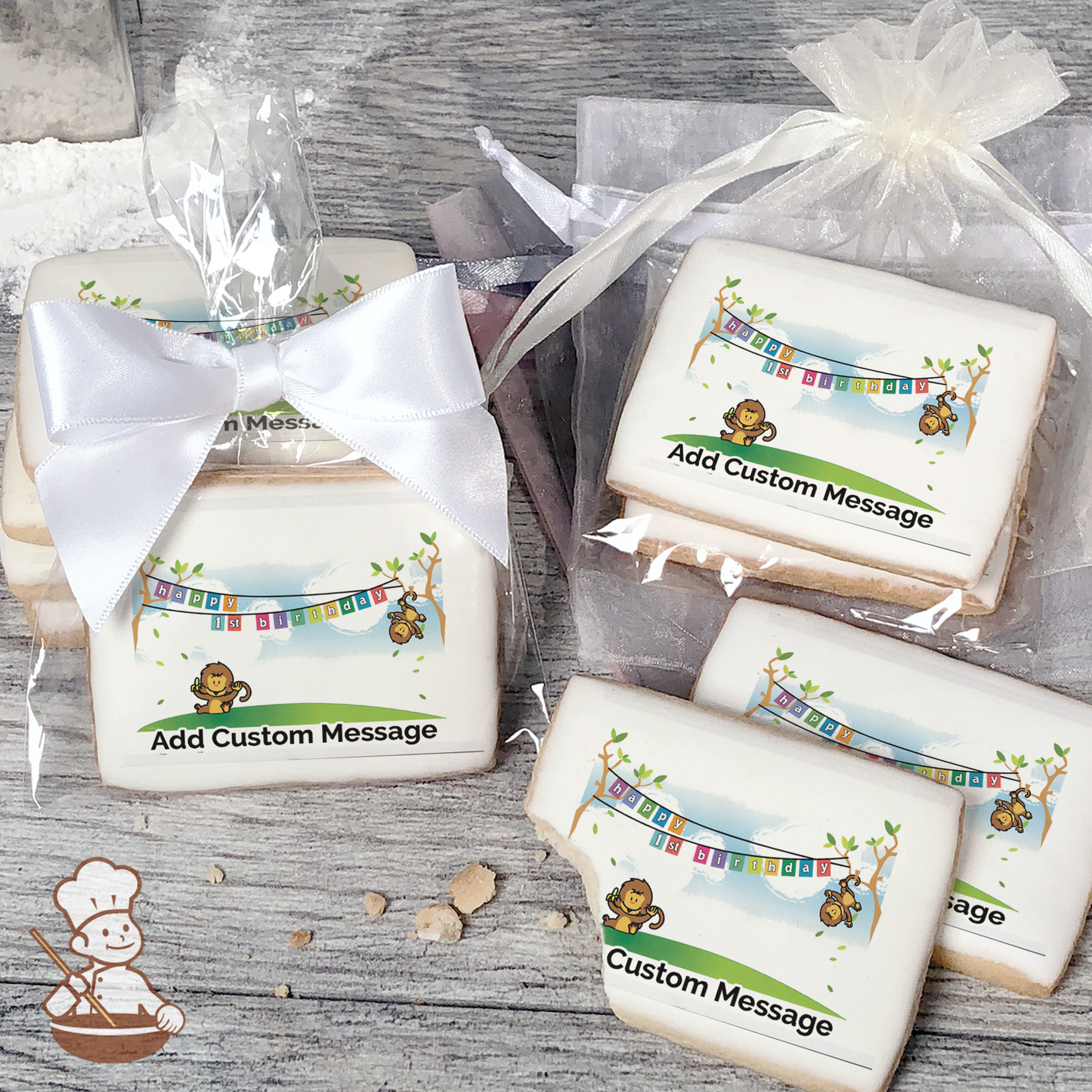 1st Birthday Monkeys Custom Message Cookies (Rectangle)