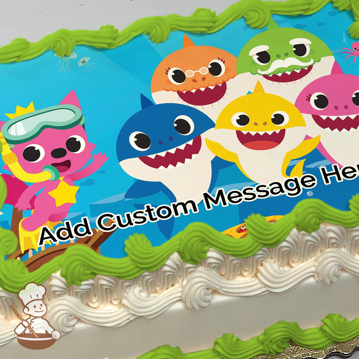 Colorful Baby Shark characters underwater with Baby Shark, Mommy Shark, Daddy Shark, and friends, printed on a sheet cake.