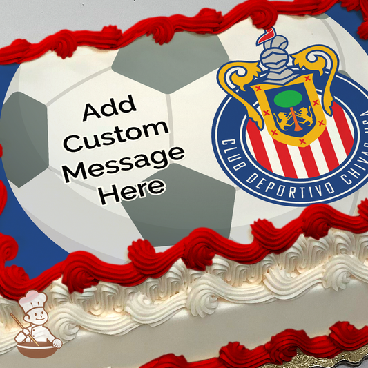 Soccer ball and logo of Chivas USA MLS soccer team printed on extra cake layer and decorated on rectangle sheet cake.