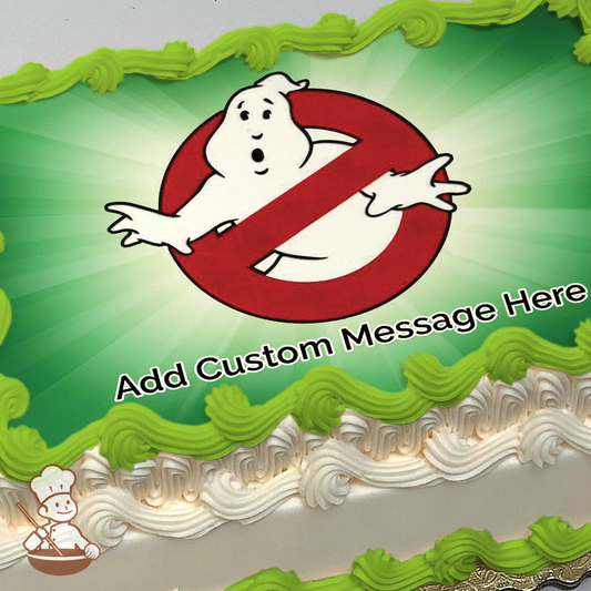 Logo of Ghostbuster and green slime ray printed on extra cake layer and decorated on rectangle sheet cake.