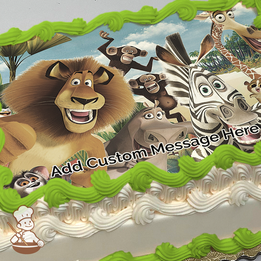 The animals of Madagascar on an island printed on extra cake layer and decorated on sheet cake.