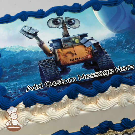 Wall-E rolling through printed on extra cake layer and decorated on sheet cake.