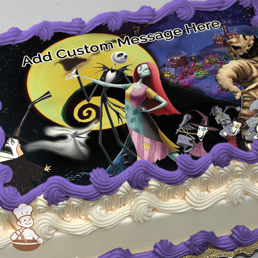 Jack and Sally with other characters printed on extra cake layer and decorated on sheet cake.
