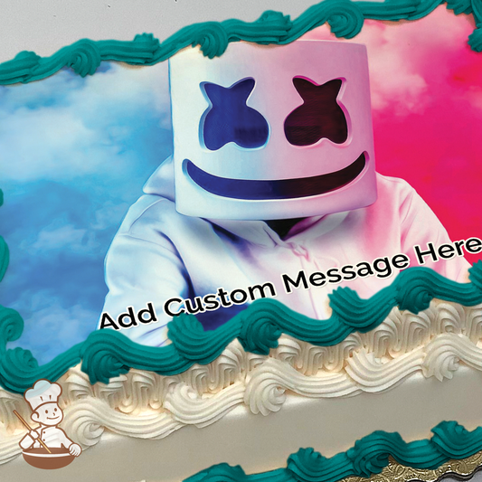 DJ Marshmello with blue and pink smoke printed on extra cake layer and decorated on sheet cake.