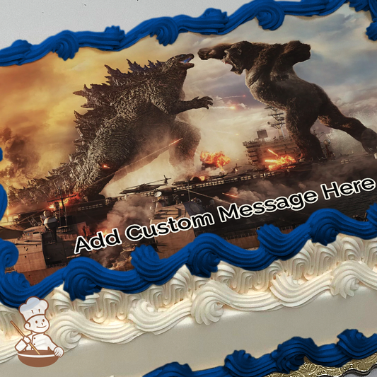 Godzilla and King Kong fighting on a ship with smoke in the air printed on extra cake layer and decorated on sheet cake.