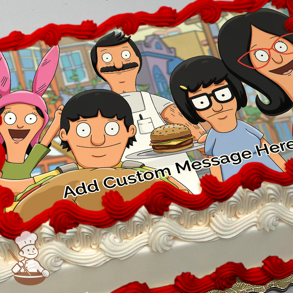Bob's Burgers characters Bob, Linda, and Louise in front of their restaurant, with friends, on a sheet cake.