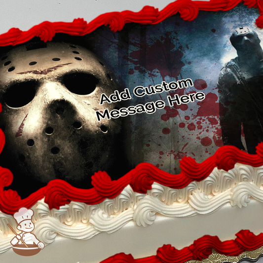 Two images of Jason printed on extra cake layer and decorated on sheet cake.