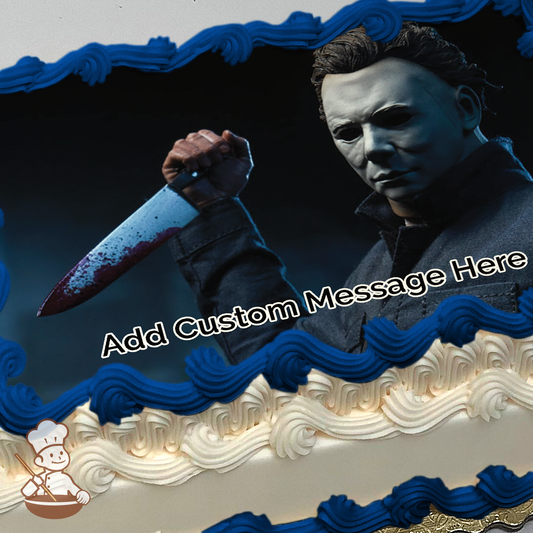 Michael Myers holding a bloody knife printed on extra cake layer and decorated on sheet cake.