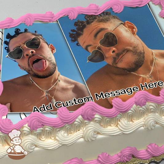 Two photos of Bad Bunny rapper with his logo on blue background printed on extra cake layer and decorated on sheet cake.