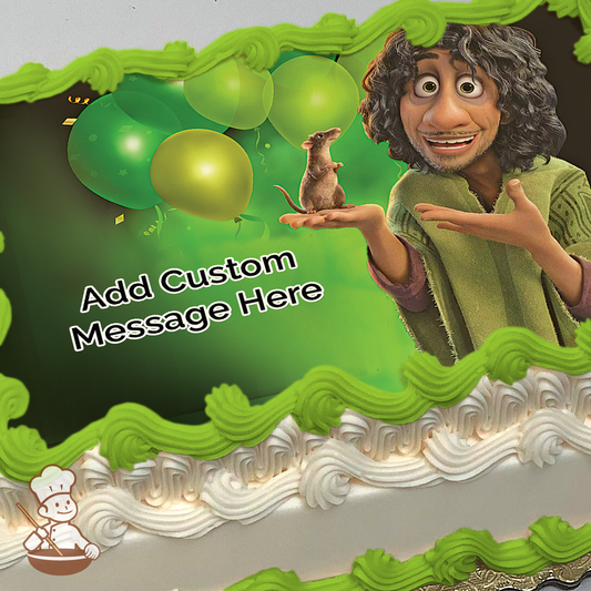 Bruno holding a mouse with green balloon background printed one extra cake layer and decorated on sheet cake.