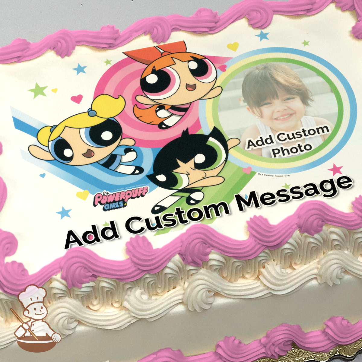 Illustration of the Powerpuff Girls flying with a circular frame for a photo, on a striped background, printed on a sheet cake.