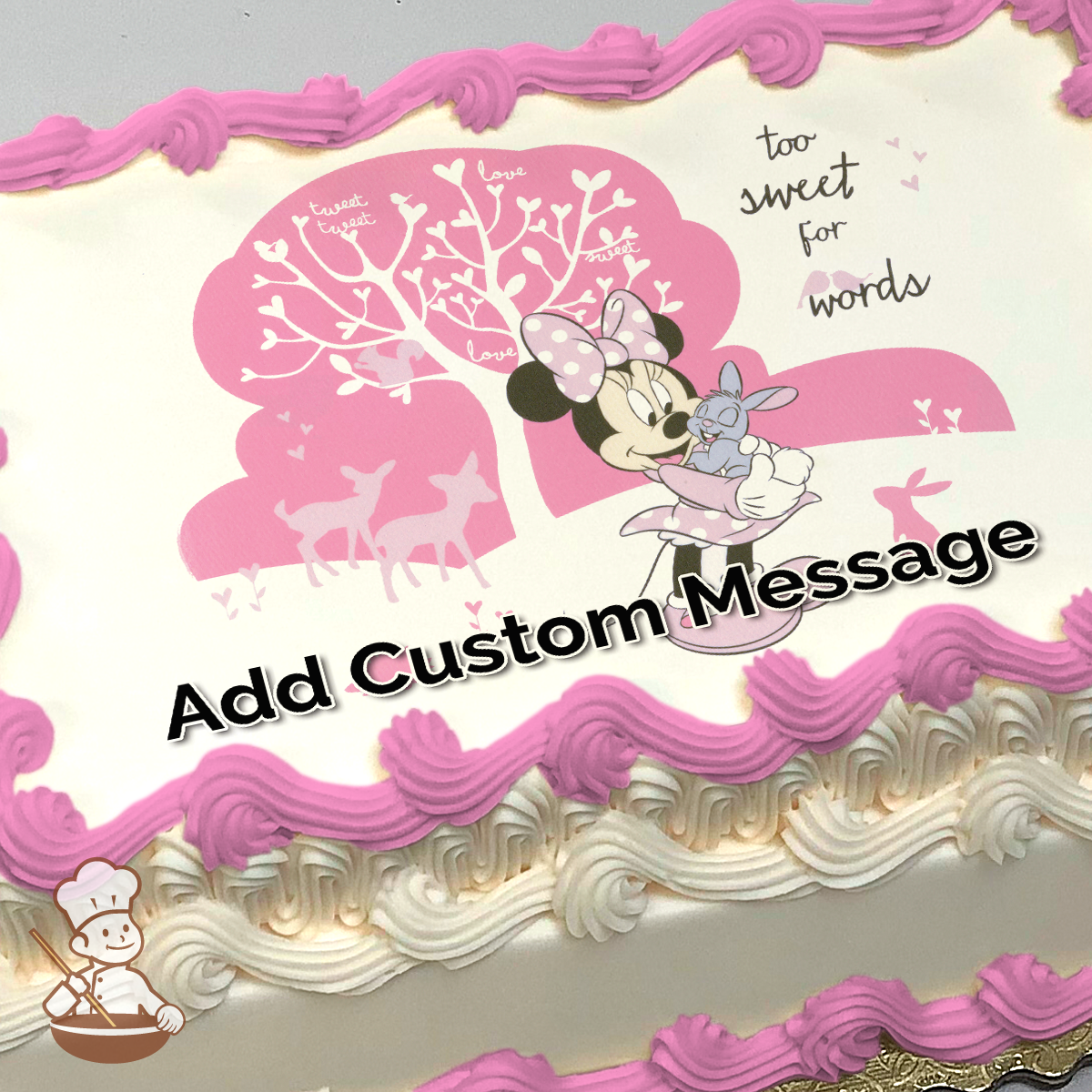 Minnie Mouse hugging a bunny with a pink heart-shaped tree background and deer silhouettes, printed on a sheet cake.