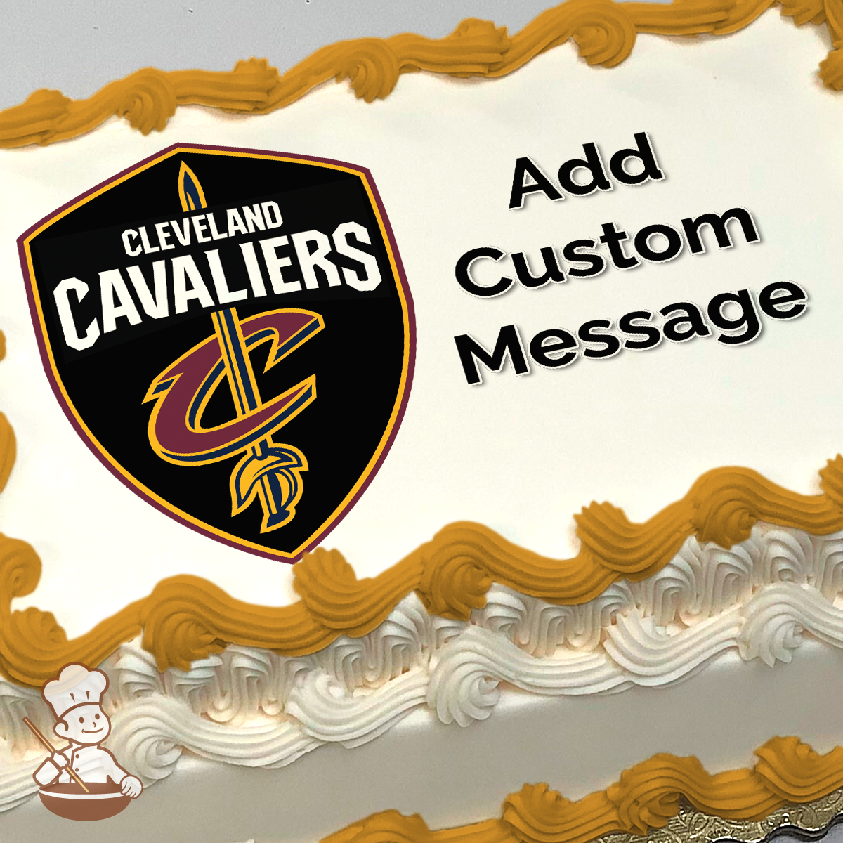 Cleveland Cavaliers logo with a sword on a shield, with text for a custom message, printed on a sheet cake.