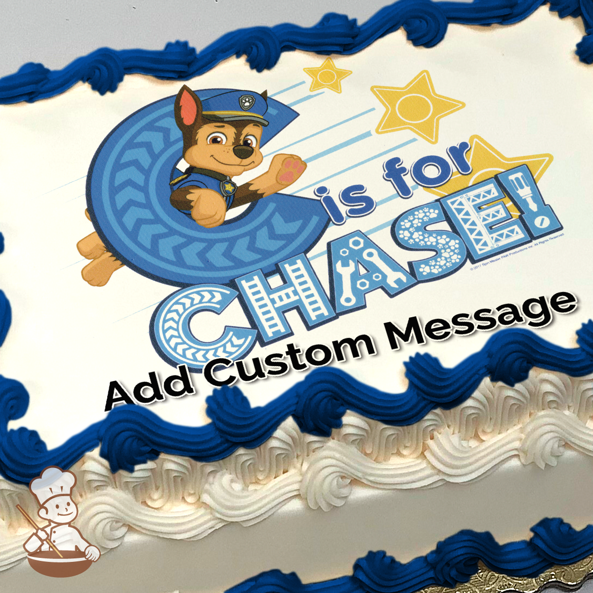 Cartoon illustration of Chase from Paw Patrol, inside a blue letter 'C' with the text "is for CHASE!", printed on a sheet cake.