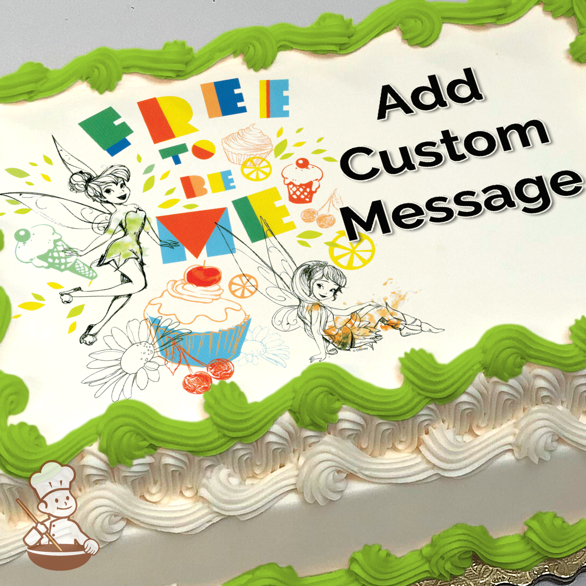 Illustration of two fairies with colorful accents and food items, like cupcakes and fruits, printed on a sheet cake.