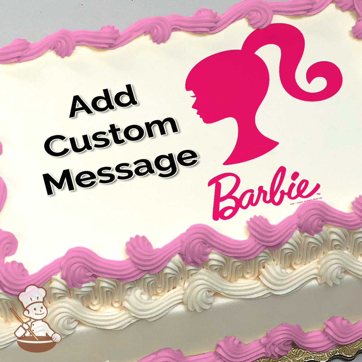Silhouette of Barbie's profile and the Barbie logo on a sheet cake.