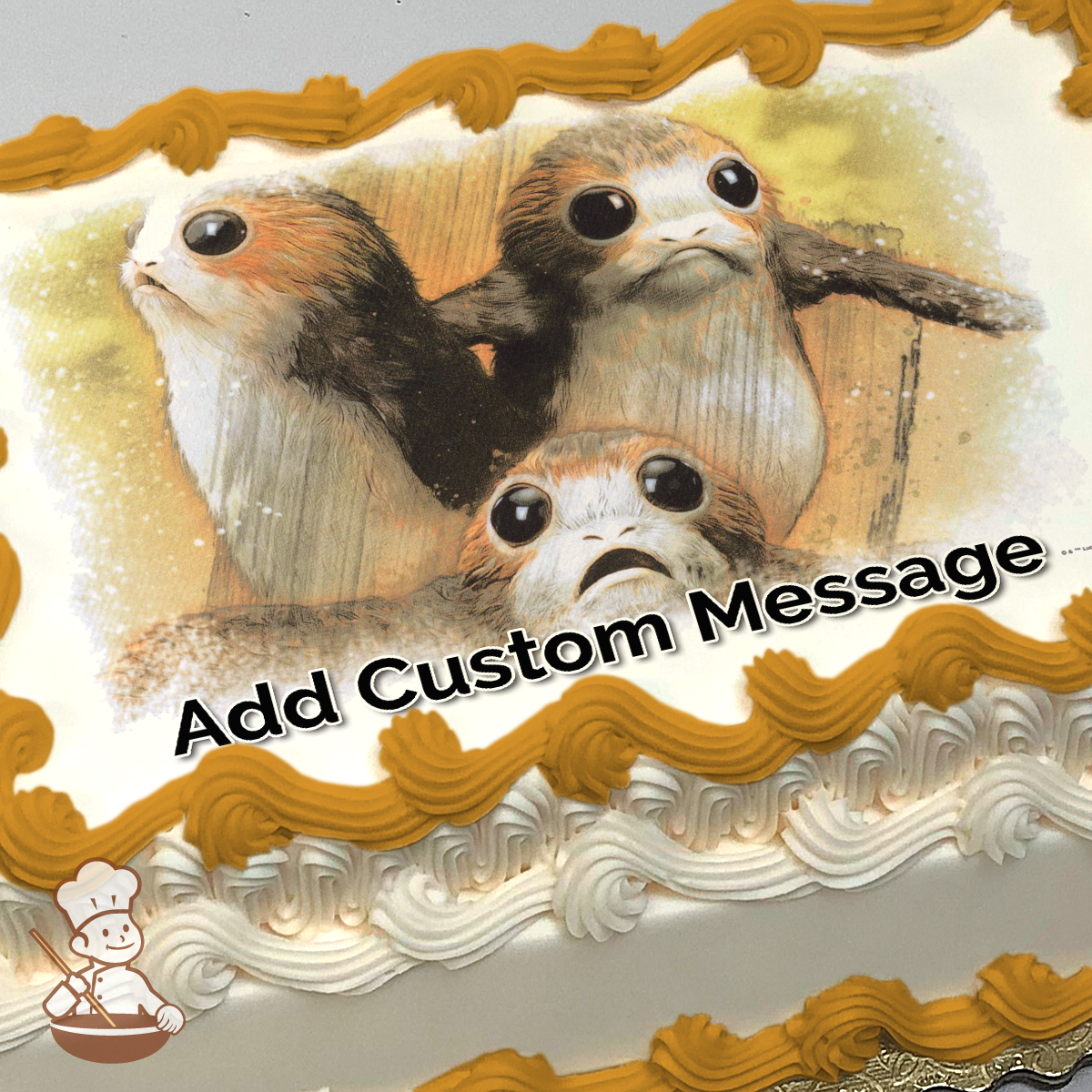Illustration of three Porgs from Star Wars with expressive eyes and fluffy feathers, printed on a sheet cake.