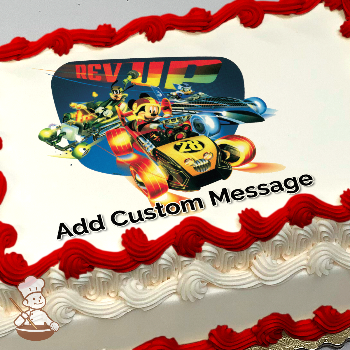 Mickey Mouse racing in a car with friends, dynamic action scene with fiery effects, on a sheet cake print.