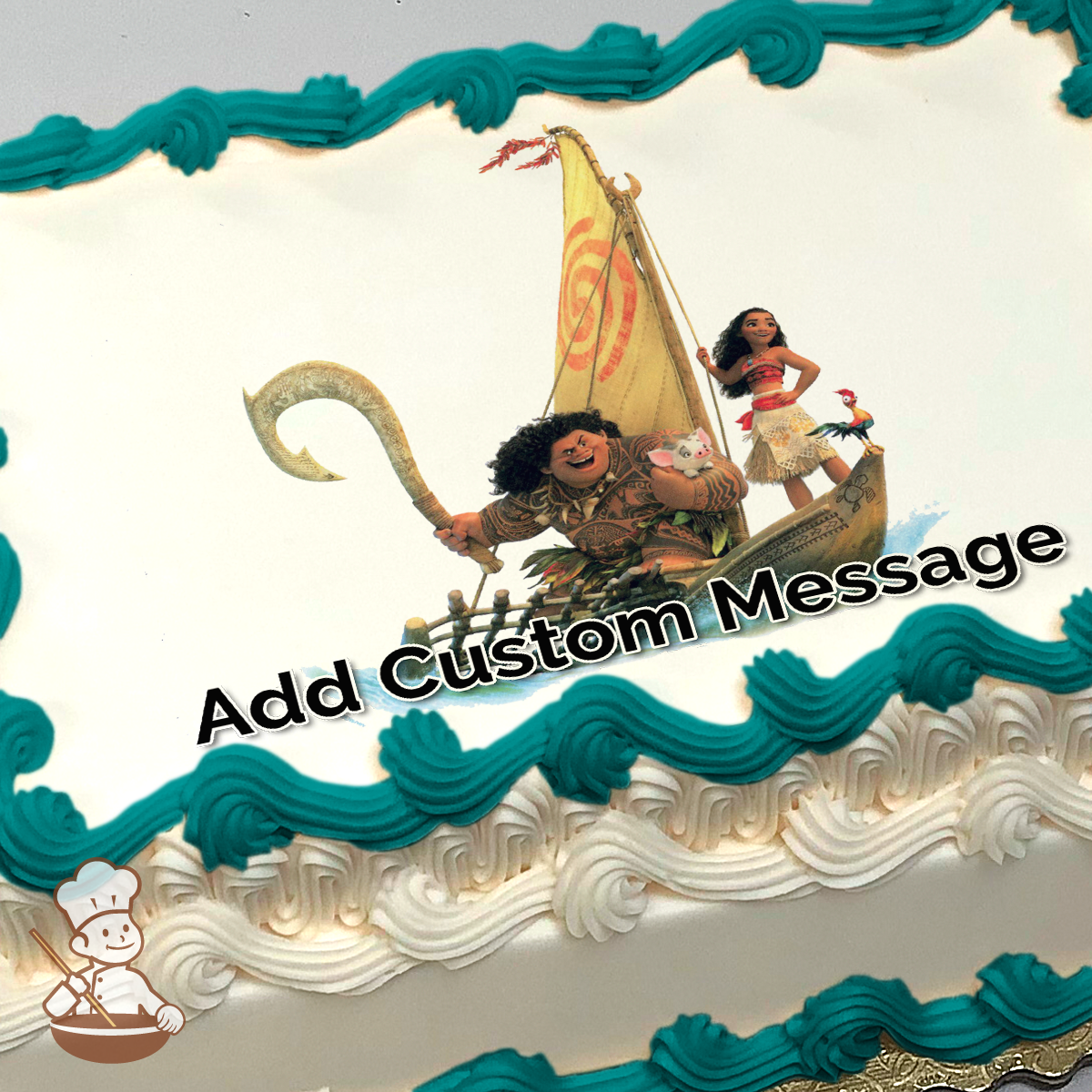 Moana and Maui sailing on a boat with Heihei, clear sky in the background, printed on a sheet cake.