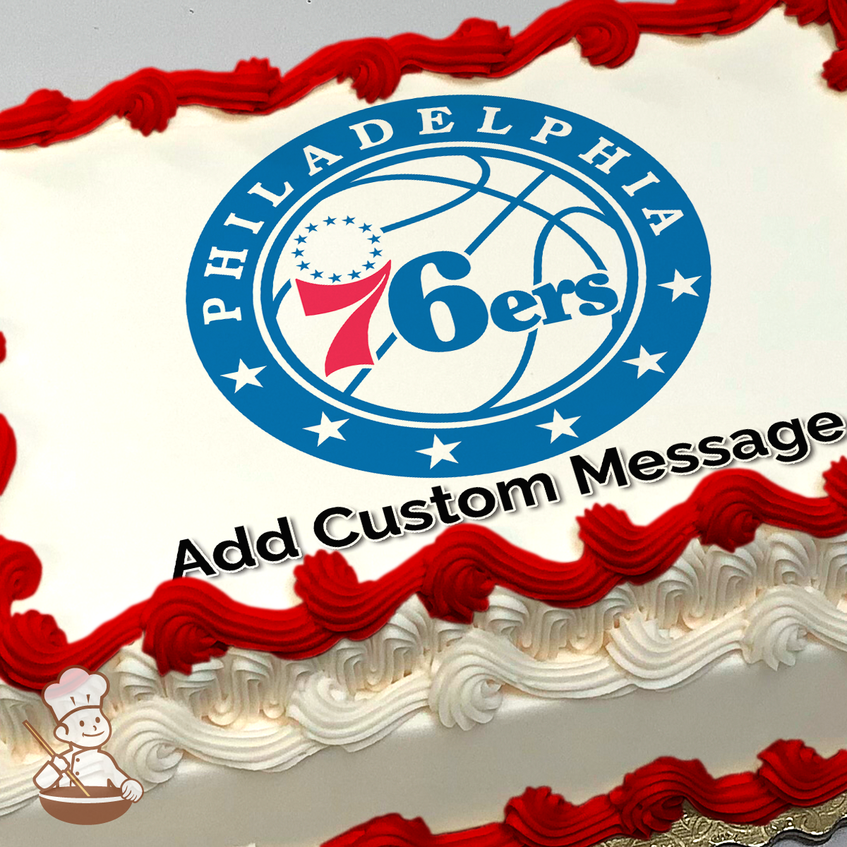 Philadelphia 76ers basketball team logo with a blue and red color scheme and stars, printed on a sheet cake.