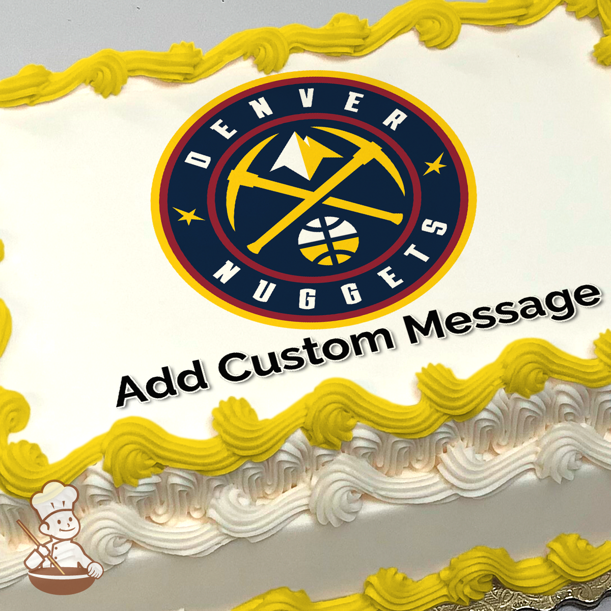Denver Nuggets basketball team logo with mountains and a basketball, printed on a sheet cake.