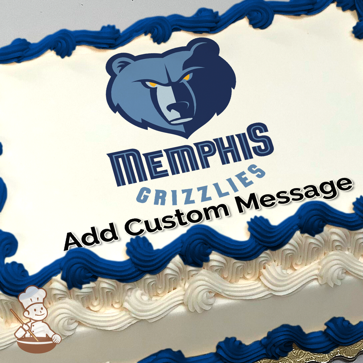 Illustration of the Memphis Grizzlies logo above the team's name, printed on a sheet cake.