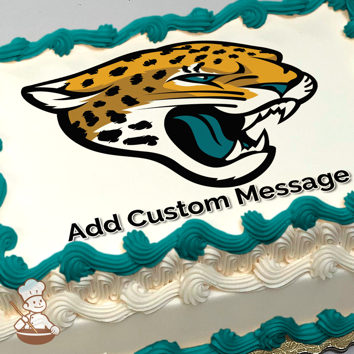 Illustration of a roaring jaguar with prominent teal and black spots on a white background, printed on a sheet cake.