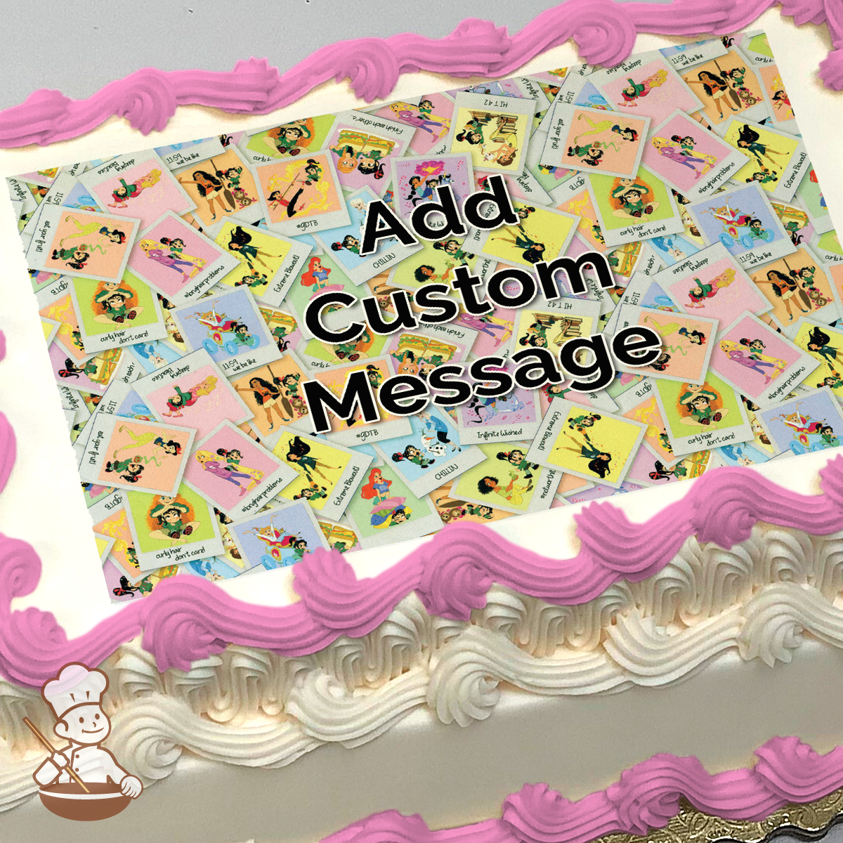 Illustration of scattered cards featuring Vanellope von Schweetz and friends on a sheet cake.