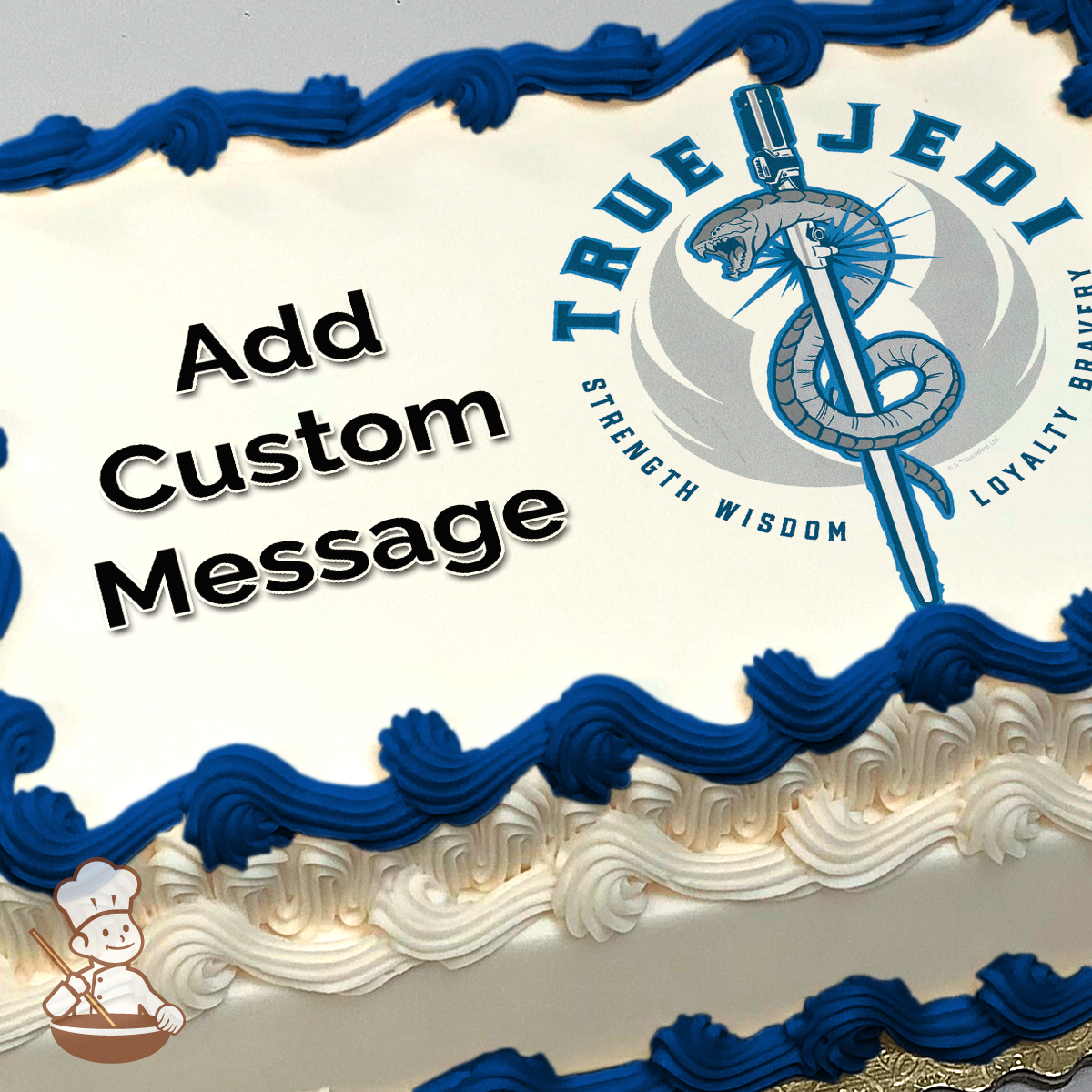 Illustration of a lightsaber intertwined with a snake, encircled by the words "True Jedi", printed on a sheet cake.