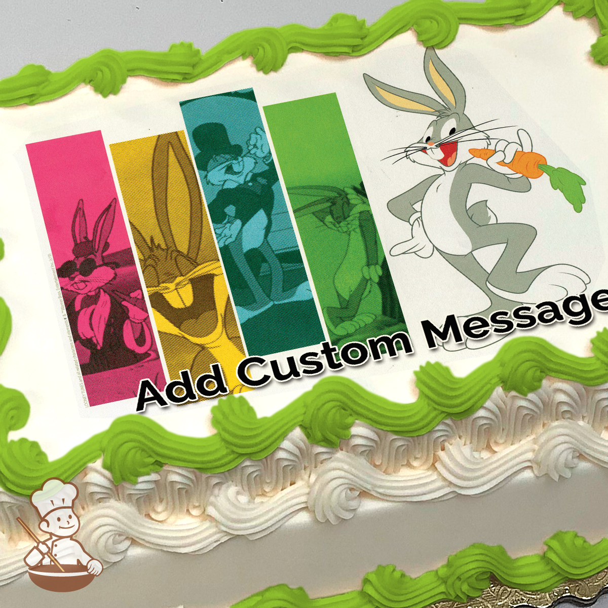 Bugs Bunny with carrot, alongside colorful panels of him in different forms, printed on a sheet cake.