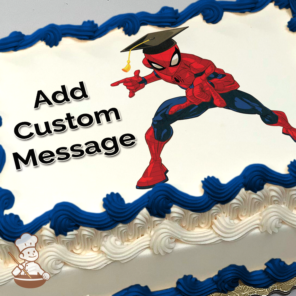 Spider-Man in a graduation cap leaping forward against a plain background, image printed on a sheet cake.