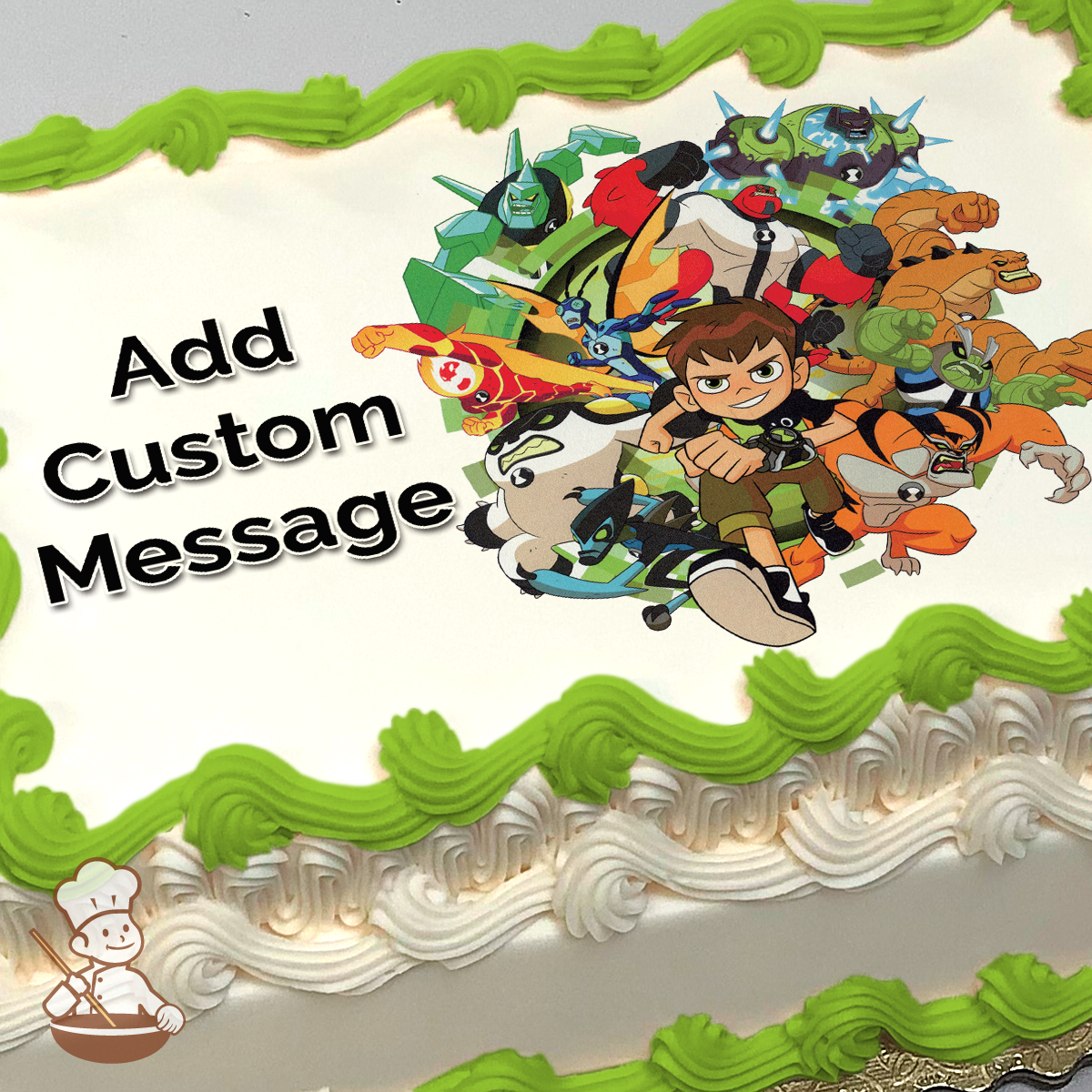 Ben 10 in the center with his alien friends, on a simple light background, printed on a sheet cake.