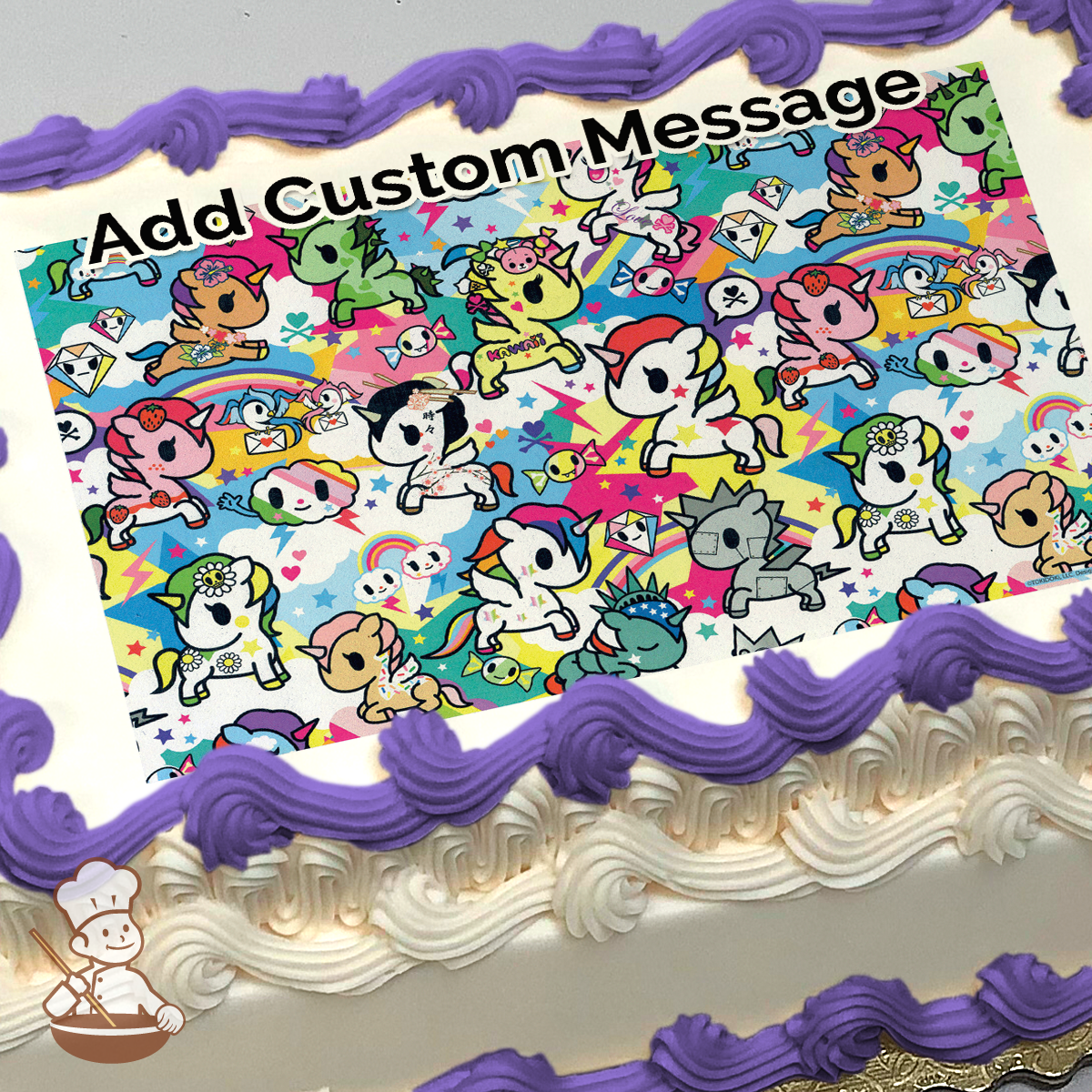 Illustration of colorful Tokidoki characters, including Unicorno and friends, on a vibrant background, printed on a sheet cake.