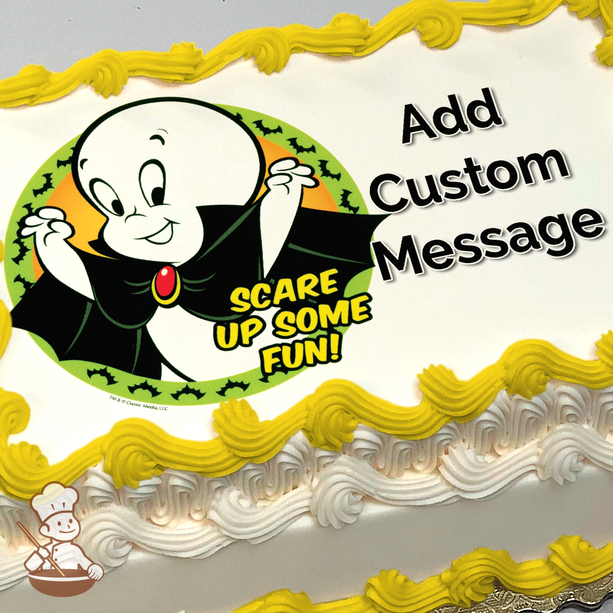 Casper the Friendly Ghost opens his arms with a smile, "Scare Up Some Fun!" text, Halloween theme, on a sheet cake.