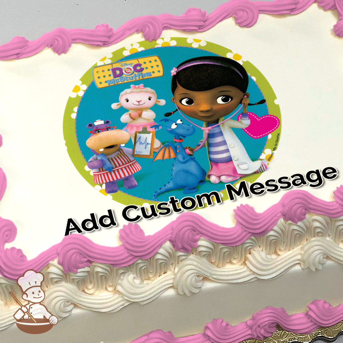 Doc McStuffins with stethoscope, Lambie, and Stuffy on a blue background with medical tools, printed on a sheet cake.